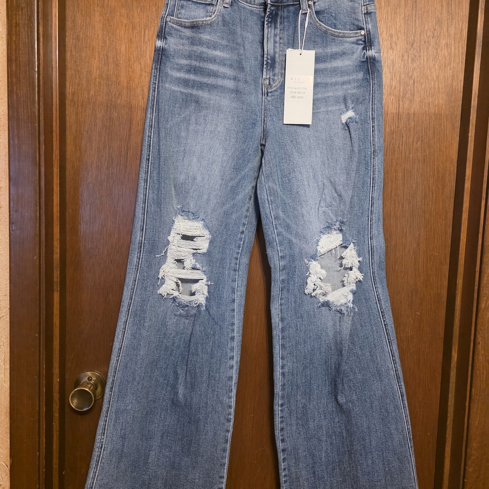 Classic Blue Distressed Flare Jeans